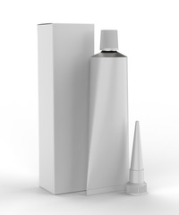 Blank industrial adhesive silicone sealant glue sump tube with paper box packaging for branding and mock up design. 3d render illustration.