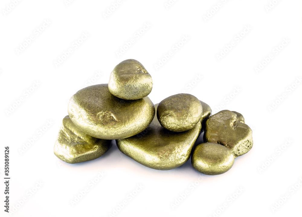 Sticker gold stones on white isolated background. Nuggets from another, concept of wealth or precious golden stones.