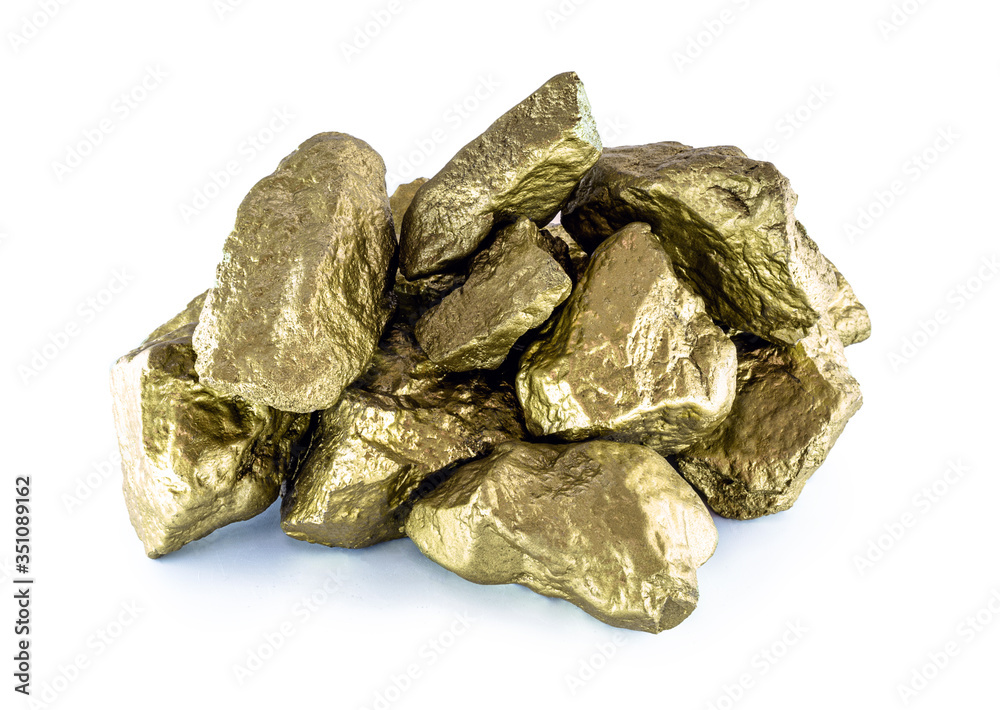 Sticker gold stones on white isolated background. Nuggets from another, concept of wealth or precious golden stones.