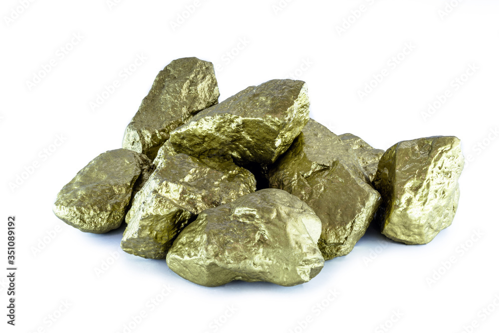 Sticker gold stones on white isolated background. Nuggets from another, concept of wealth or precious golden stones.