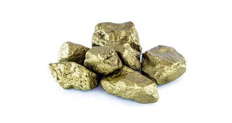 gold stones on white isolated background. Nuggets from another, concept of wealth or precious golden stones.