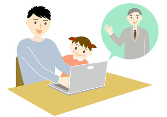 Fototapeta premium オンライン会議をする日本人男性と子供のイラスト