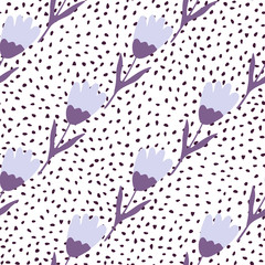 Purple tulip seamless pattern on dots background. Cute flower wallpaper. Abstract floral backdrop.