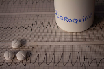 Adverse effects on the heart by hydroxychloroquine or chloroquine. Pills on an electrocardiogram...