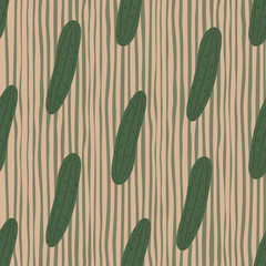 Green cucumber seamless pattern on stripes background. Cucumbers vegetable endless wallpaper.
