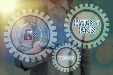 Text sign showing Myths And Facts. Business photo showcasing usually traditional story of...