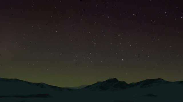 Night sky dynamic animation. Galaxy and stars are moving. Beautiful evening landscape. Starry night time lapse clip. Flying comets. Mountain or hill peaks silhouettes on the front. 4K video, 3D Render