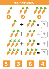 Addition for kids with cartoon carrot. Educational math game.