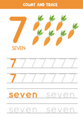 Tracing the word seven and the number 7. Cartoon carrots vector illustrations.