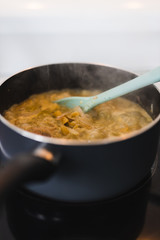 plant-based food,  vegan one pot pesto pasta with onions and capsicums cooking in pot