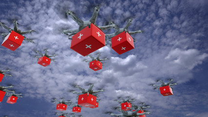 Drones deliver medical supplies. Close up of multiple UAV aerial drones flying on blue sky carrying first aid packages, medicine, vaccines and protective clothes.