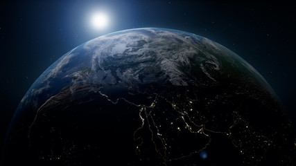 Erde Sonnenaufgang Nahaufnahme aus dem Weltraum. Zentrierte Sonne scheint hell, offenbart sich hinter dem blauen Planeten.