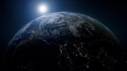 Foto op Plexiglas anti-reflex Volle maan en bomen Aarde zonsopgang close-up vanuit de ruimte. Gecentreerde zon schijnt helder, onthult zichzelf van achter de blauwe planeet.
