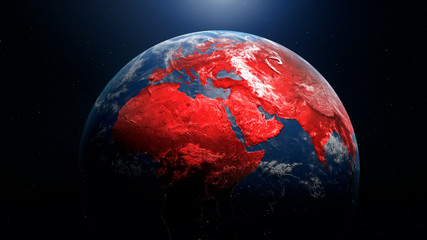 Earth Virus Infection Spreading after Sunrise, Disease Grow on Red Areas of the Planet's Continents. Visible Day and Night City Lights from Space.