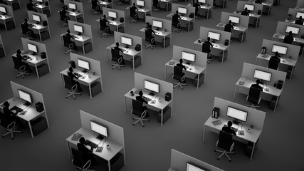 Remote work, empty office workplace with shadow silhouettes sitting behind rows of desks in corporate interior.