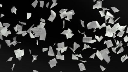 Filled documents falling from above on black background. Documents covering screen.