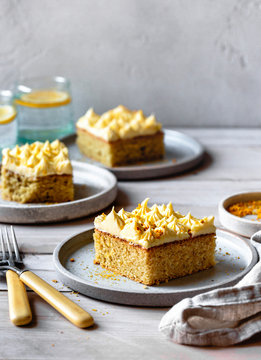 Lemon sheet cake with cream cheese icing and bee pollen.