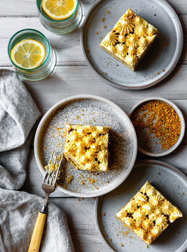 Lemon sheet cake with bee pollen.