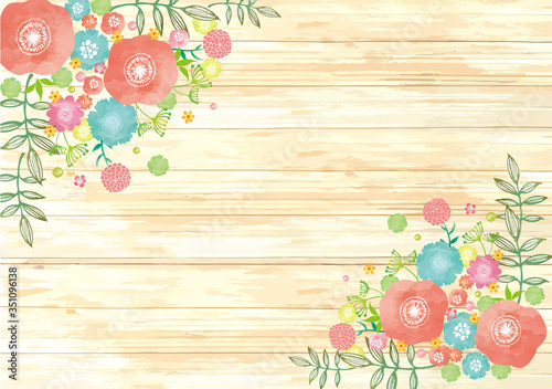 北欧風 木目 フレーム 手書き 線画 葉 葉っぱ 緑 イラスト アイコン 花 水彩 ナチュラル Wall Mural Okaka08