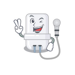 Happy electric water heater cartoon design concept show two fingers
