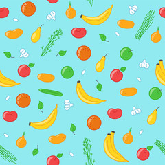 Seamless pattern with organic fruits and vegetables. Vector illustration in cartoon style