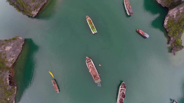 AERIAL DIRECTLY ABOVE Boats Docked In Ha Long Bay, Vietnam