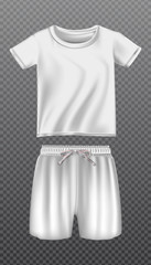 3d realistic vector icon mock up of white t shirt and shorts for sport or training. Isolated on transparent background.