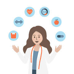 Female nutritionist doctor or dietitian with measuring tape and health icons isolated on white background. Medical consultation, healthcare and nutrition diet plan concept. Flat vector illustration.