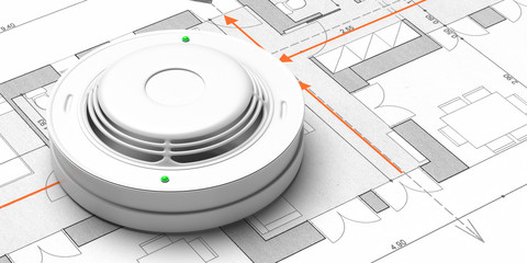 Smoke detector on blueprint drawing background. Fire safety system. 3d illustration