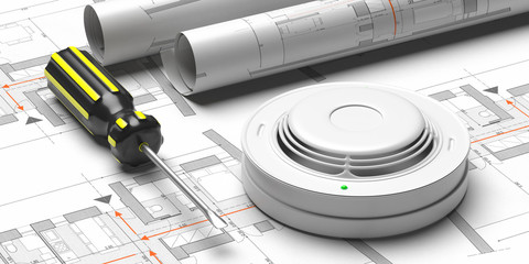 Smoke detector on blueprint drawing background. Fire safety system. 3d illustration