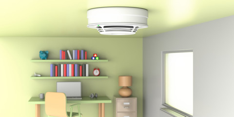 Smoke detector on kids room ceiling.  Fire safety equipment. 3d illustration