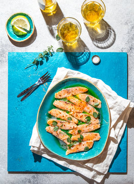 Latin American and Italian dish Crudo de Salmon. Raw Salmon marinated in lemon juice and spices. Top view