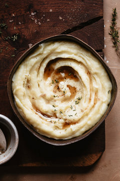 Closeup of mashed potatoes with brown butter