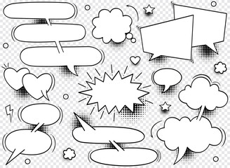 A set of comic speech bubbles and elements with halftone shadows