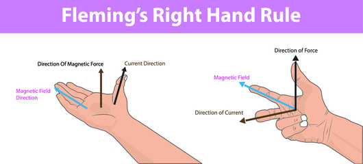 Physics - fleming's right hand rule. magnetic field. direction of current. direction of force. current by direction of magnetic field and force. Fleming's Right Rule infographic