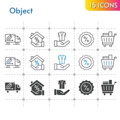 object icon set. included mortgage, shopping cart, jacket, discount, delivery truck icons on white background. linear, bicolor, filled styles.