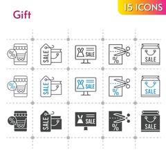 gift icon set. included online shop, shopping bag, voucher icons on white background. linear, bicolor, filled styles.