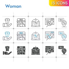 woman icon set. included online shop, shop, jacket, placeholder icons on white background. linear, bicolor, filled styles.