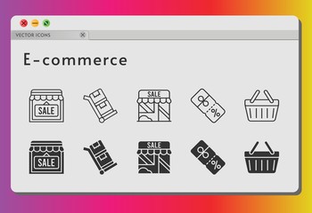 e-commerce icon set. included shop, discount, shopping-basket, shopping basket, trolley icons on white background. linear, filled styles.