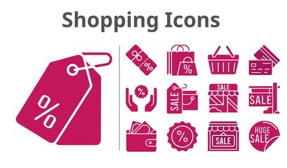 shopping icons set. included shopping bag, sale, shop, wallet, price tag, discount, shopping-basket, credit card icons. filled styles.