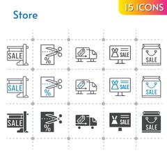 store icon set. included online shop, shopping bag, sale, voucher, delivery truck icons on white background. linear, bicolor, filled styles.