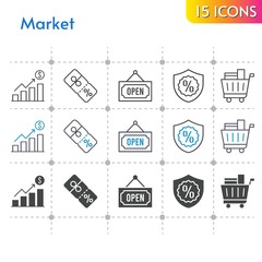 market icon set. included profits, shopping cart, discount, warranty, open icons on white background. linear, bicolor, filled styles.