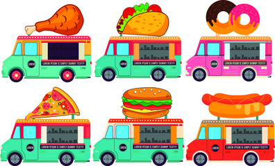 Food Truck Collection Chicken Taco, Donut Pizza Hamburguer Hot Dot Illustrator Vector