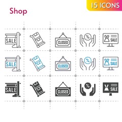 shop icon set. included online shop, sale, closed, discount, trolley icons on white background. linear, bicolor, filled styles.