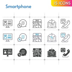 smartphone icon set. included online shop, shop, chat, phone call icons on white background. linear, bicolor, filled styles.