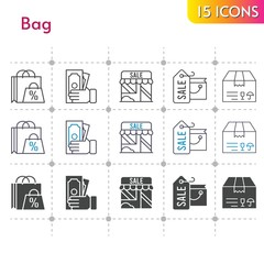 bag icon set. included shopping bag, shop, package, money icons on white background. linear, bicolor, filled styles.