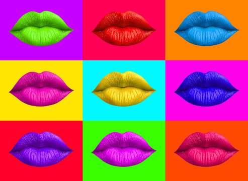 The Lip Prints Of Women On Colorful Background,Girl Mouth. Beauty And Makeup Concept,