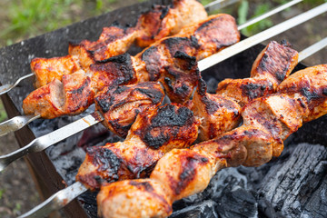 A close-up of the pies of pork in teriyaki sauce is fried  on skewers. Preparation of a shish kebab on a summer day