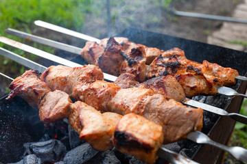 A close-up of the pies of pork in  sauce is fried in a grill. Preparation of a shish kebab on a summer day