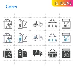 carry icon set. included shopping bag, shopping-basket, delivery truck, shopping basket icons on white background. linear, bicolor, filled styles.